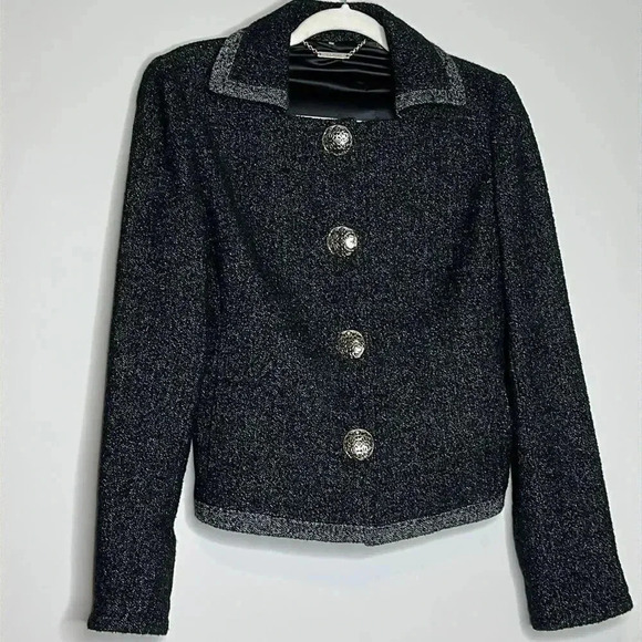 Elie Tahari Black Silver Buttoned Mottled Tweed Jacket - Picture 4 of 10